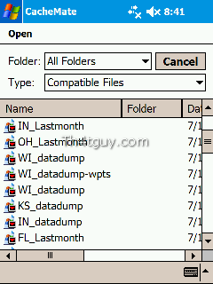 CacheMate Import File List